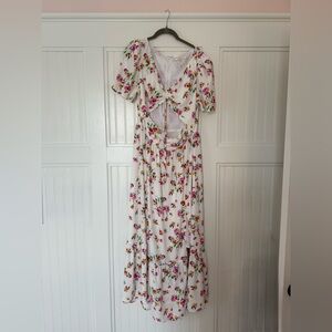 Wayf White Maxi Dress with Pink & Green Floral Print - Large